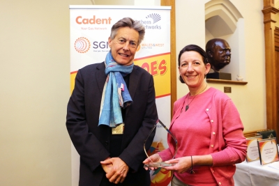 Tara Bowers from Exeter Community Energy with Exeter MP Ben Bradshaw, receiving her Heat Hero Award in 2020